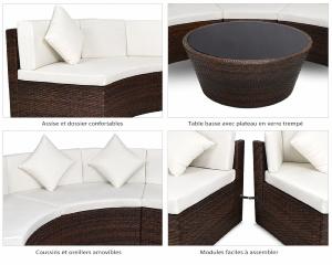 Salon de jardin rond XXL en résine tressée Ø 280 cm – 9 places – Marron & coussins blanc crème