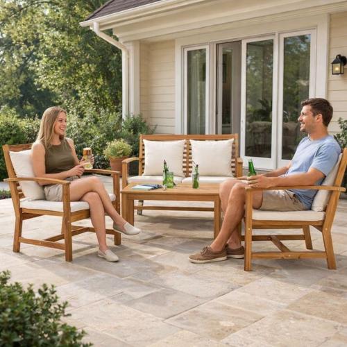 Salon de jardin en teck massif 4 places avec canapé, fauteuils et table basse