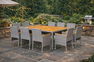 SALON de jardin acacia et résine tressée gris, 10 places, modèle CARAIBE