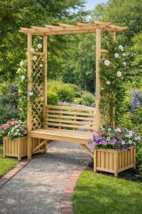 Arche à rosiers avec banc intégré et jardinières en bois naturel