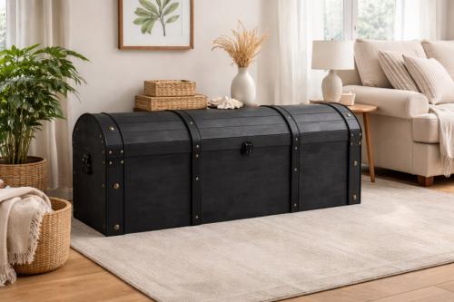 COFFRE en bois massif NOIR, 120 cm, style vintage