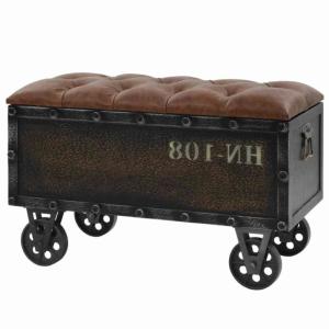 Banc, coffre style Wagon vintage, acier, cuir et bois