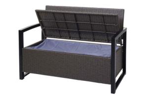 BANC avec coffre de rangement, resine tressée, gris, coussin crème