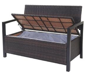 BANC avec coffre de rangement, resine tressée marron, coussin beige