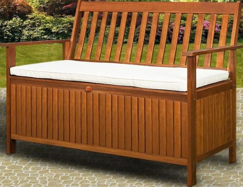 BANC de jardin bois exotique, 120 cm avec coffre de rangement