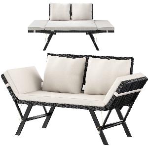 Banc convertible transat, résine tressée noir, coussins beige