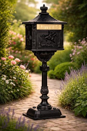 Boîte aux lettres sur pied style antique – Fonte d’aluminium – Noir