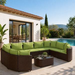 Salon de jardin modulable en résine tressée marron avec coussins verts – Modèle NINAN