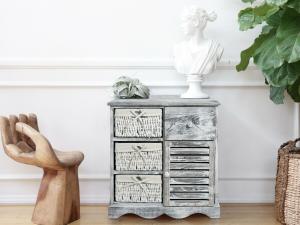 Commode bois avec 3 paniers, blanc/gris