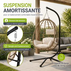 Fauteuil suspendu ALOA en rotin avec support – Beige ou gris