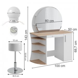 MEUBLE coiffeuse, design blanc/beige, avec miroir et tabouret