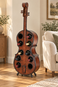 Porte-bouteilles violoncelle 10 bouteilles – Aspect ronce de bois, hauteur 135 cm