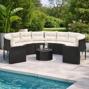 Salon de jardin rond XXL Ø 290 cm en résine tressée avec table basse en verre