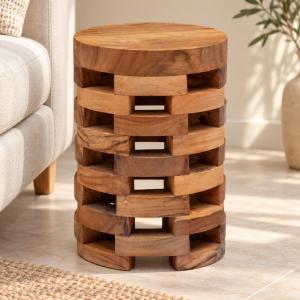 Table de chevet ronde en teck massif ajouré – 45 cm