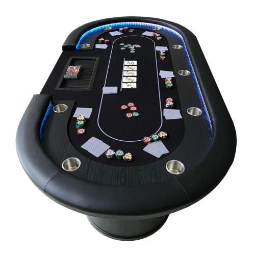 TABLE de POKER avec LED, 215 cm, tapis noir, 9 places