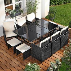 Salon de jardin résine tressée, noir, 10 personnes