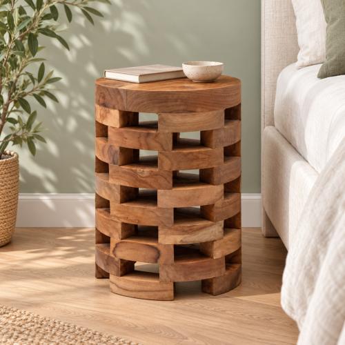 Table de chevet ronde en teck massif ajouré – 45 cm
