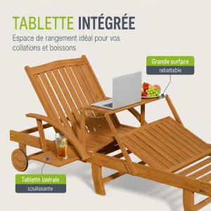 Bain de soleil pliant en bois d'acacia avec table et tablette intégrées – SUNDAY