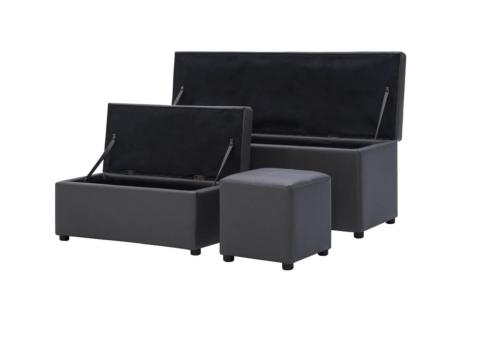 Bancs coffre et pouf, cuir gris, lot de 3