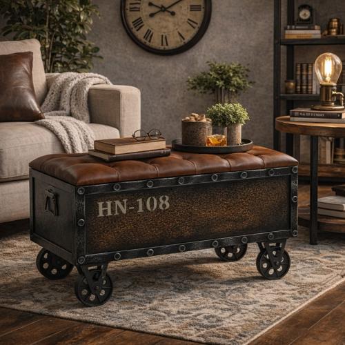 Banc, coffre style Wagon vintage, acier, cuir et bois