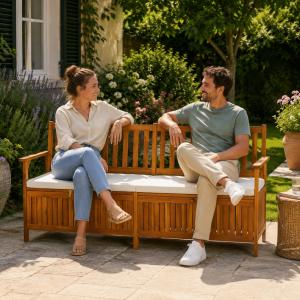 BANC de jardin, en acacia, 170 cm avec coffre de rangement