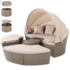 Canapé jardin, 185 cm, résine tressée, table télescopique, beige