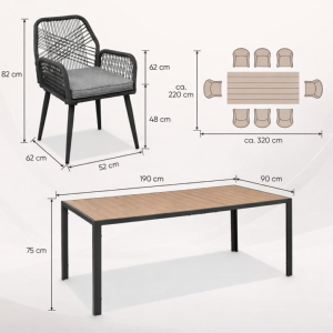 SALON de jardin ALLIANCE, 8 personnes, table 190 cm, fauteuils corde tressée