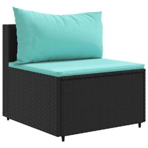 Salon de jardin modulable en résine tressée noire avec coussins bleus et table basse - ARCAN