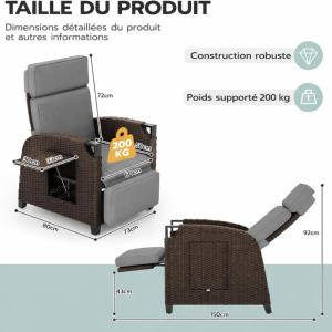 Fauteuil transat en résine tressée avec coussin et tablette – bain de soleil inclinable