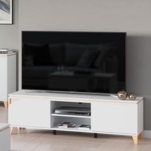 Meuble bas TV, 160 cm sur pieds, blanc, modèle ELEGANT