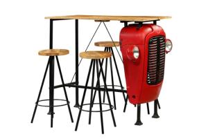 Ensemble table bar tracteur 4 tabourets, bois de manguier