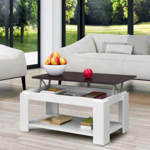 TABLE basse blanche, 100 cm, plateau marron, relevable, GALION