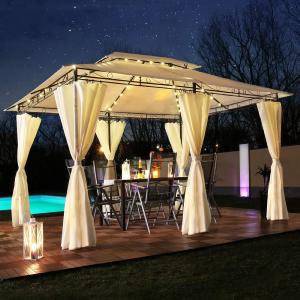 Tonnelle de Jardin 3 x 4 m avec Éclairage LED Solaire et Rideaux