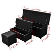 Bancs coffre et pouf, cuir noir, lot de 3