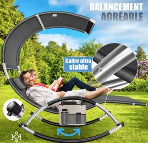 Chaise longue double à bascule avec auvent – Transat 2 places, acier et textilène