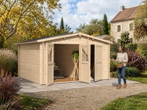 Abri de jardin bois 15 m² ASTER – 2 pièces – Madriers 28 mm – Bardeaux bitumeux inclus