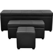 Bancs coffre et pouf, cuir noir, lot de 3