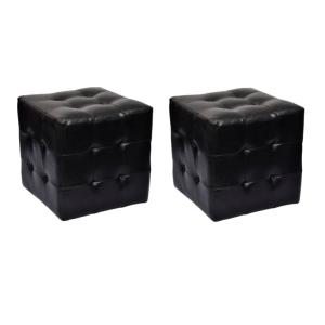 POUF cube, simili-cuir, noir, lot de 2