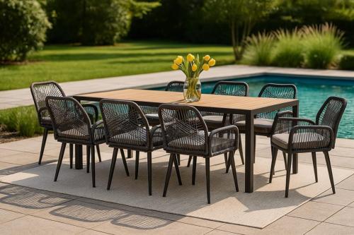 SALON de jardin ALLIANCE, 8 personnes, table 190 cm, fauteuils corde tressée