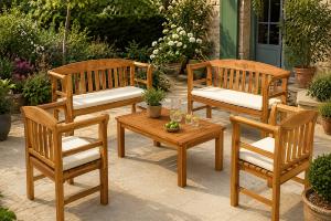 Salon de jardin en bois d'acacia massif 6 places – 2 bancs, 2 fauteuils et table basse – Sculptures roses – Coussins inclus