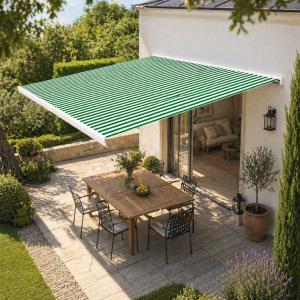 STORE BANNE coffre intégral 4.5 x 3 M motorisé, toile blanc/Vert