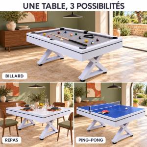 Table multi-jeux 3 en 1 blanche TRIVÉA – Billard, ping-pong et repas