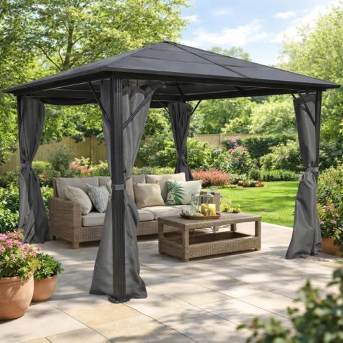 Tonnelle de jardin aluminium noir 3x3 m – Toit rigide polycarbonate 6 mm – Rideaux zippés