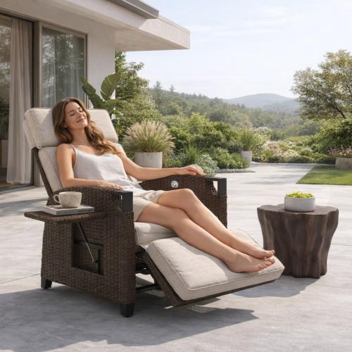 Fauteuil transat en résine tressée avec coussin et tablette – bain de soleil inclinable