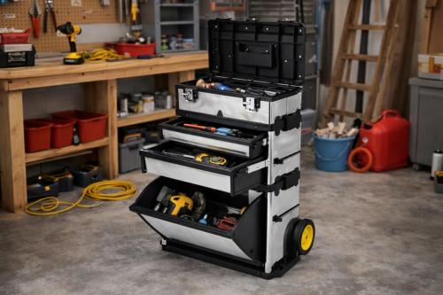 Valise coffre à outils à roulettes – Inox & polypropylène – 4 modules