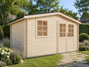 Abri de jardin bois 12 m² ARVENA – Madriers 28 mm – Toit double pente avec bardeaux bitumeux