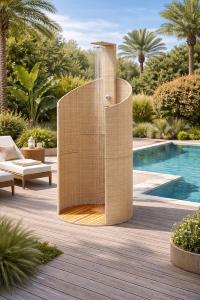 DOUCHE de jardin avec tour de protection, résine tressée beige