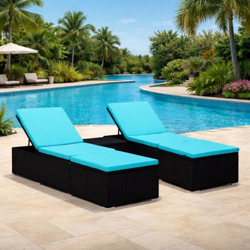 Transats duo avec table, en résine tressée noir, coussins bleu