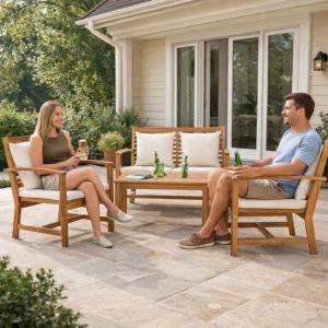 Salon de jardin en teck massif 4 places avec canapé, fauteuils et table basse