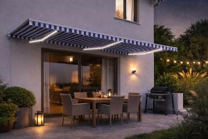 STORE BANNE 600 x 350 cm, électrique, détecteur de vent, LED, 10 coloris